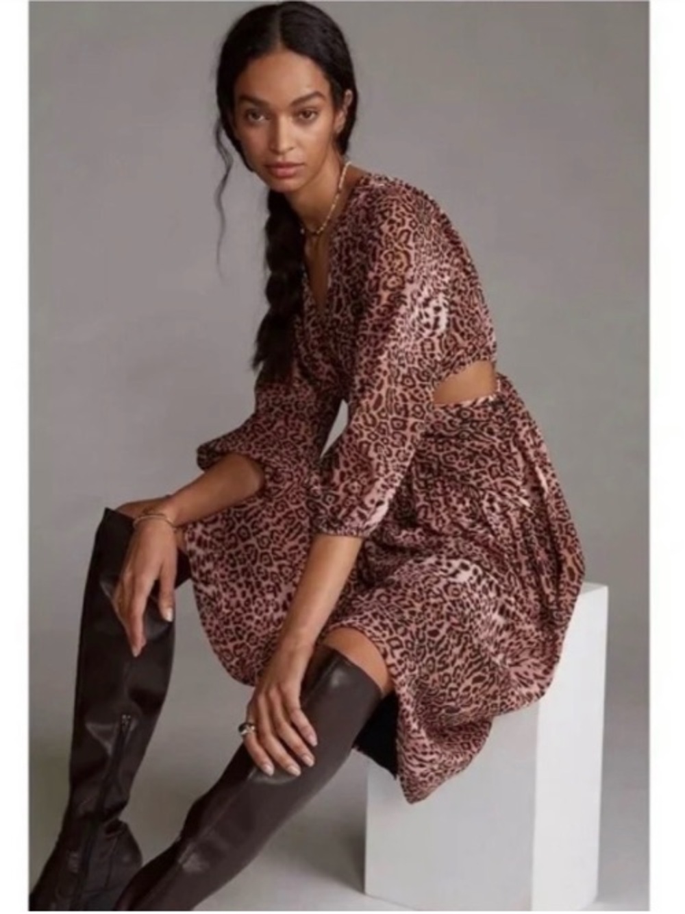 Anthropologie Ranna Gill Leopard V-Neck Cut-Out Dress Animal Print Brown Small